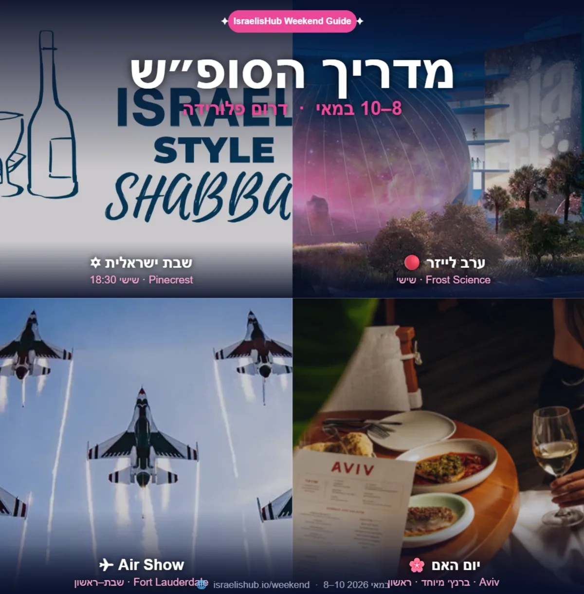 סופ"ש 8–10 במאי בדרום פלורידה: יום האם, שבת ישראלית, לייזר ו-Air Show
